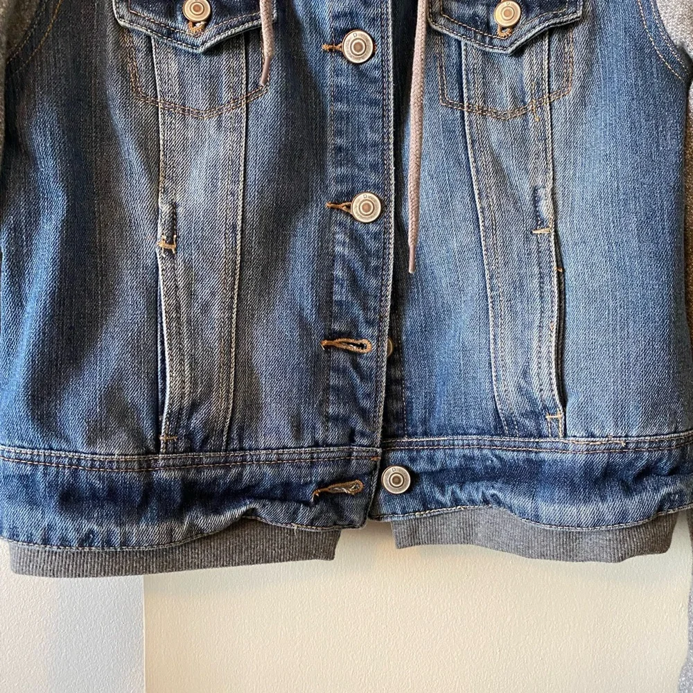 Dex Blue Denim Jacket with Gray Sleeves and Hoodie - Picture 3 of 6